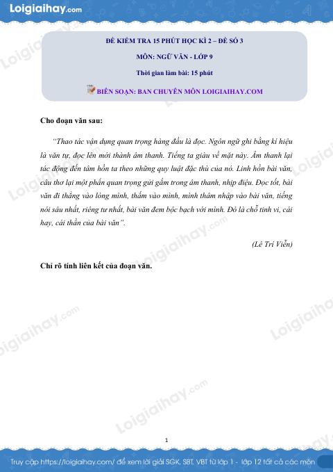 Đề kiểm tra 15 phút Văn 9 - Đề số 3